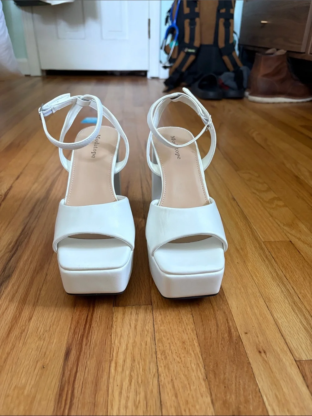 White Platform Block Heel Sandals with Ankle Strap